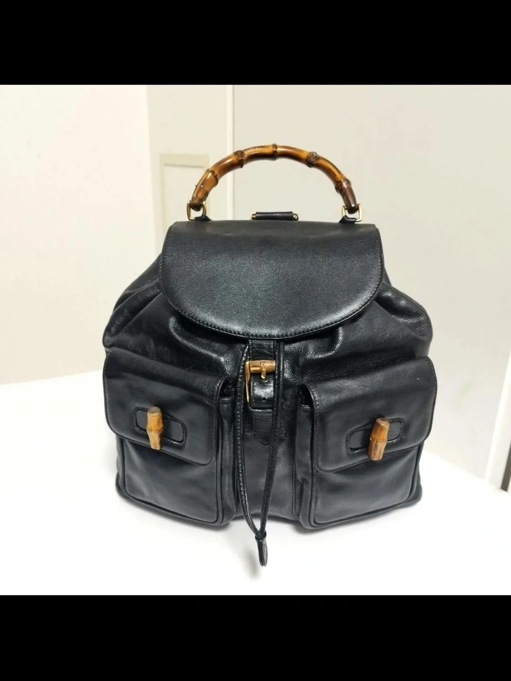 Gucci Black Leather Backpack with Bamboo Handle